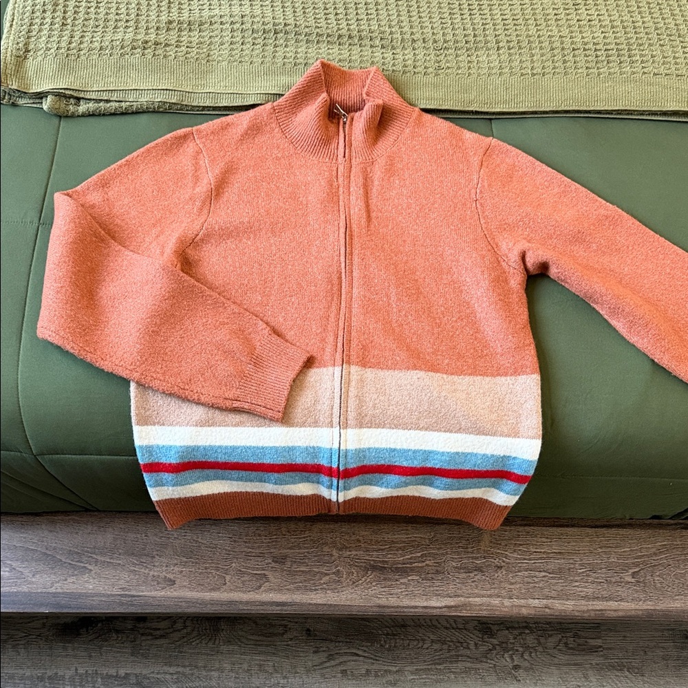 Fashion Nova Men's Zip-Up Sweater in Coral with Striped Hem